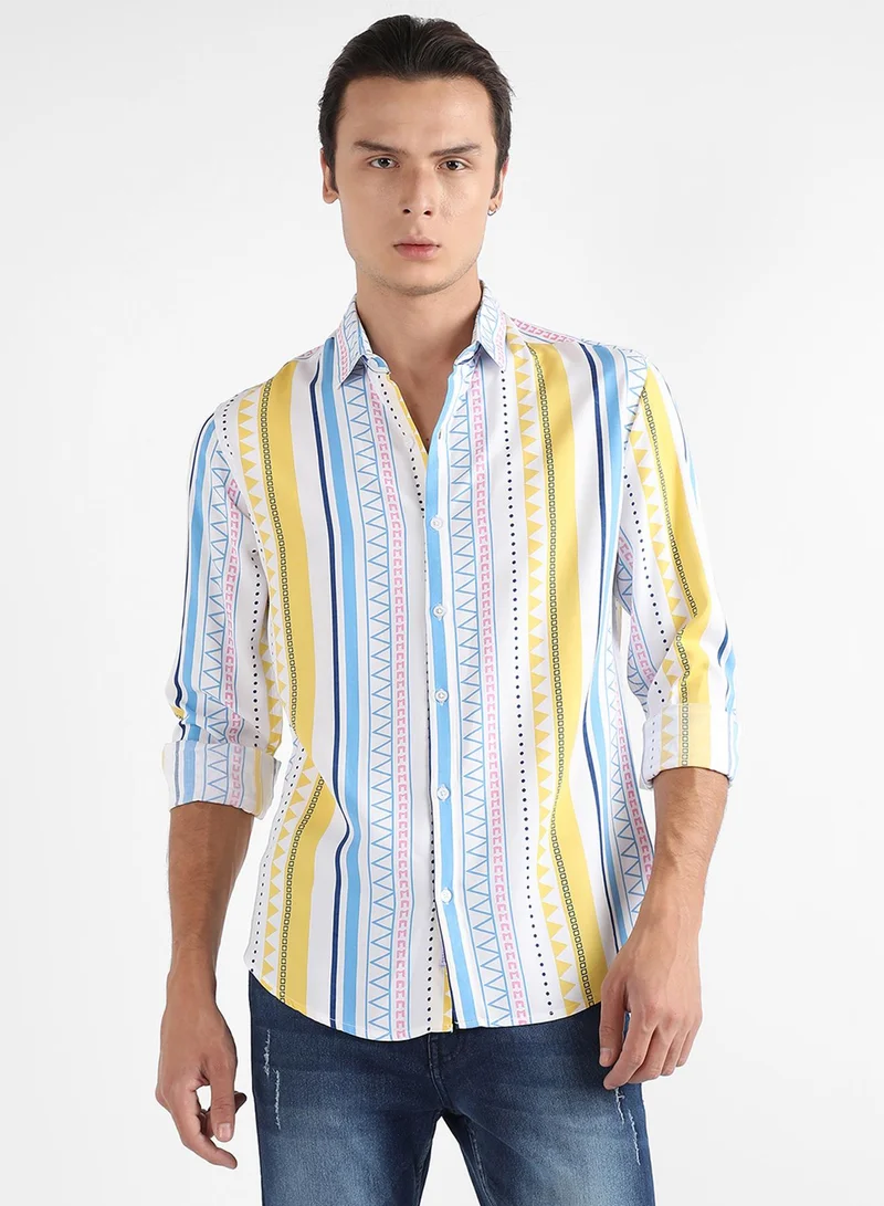 Campus Sutra Campus Sutra Men's Multicolour Geometrical Print Shirt For Casual Wear | Spread Collar | Long Sleeve | Button Closure | Heavy Rayon Shirts Crafted With Comfort Fit For Everyday Wear