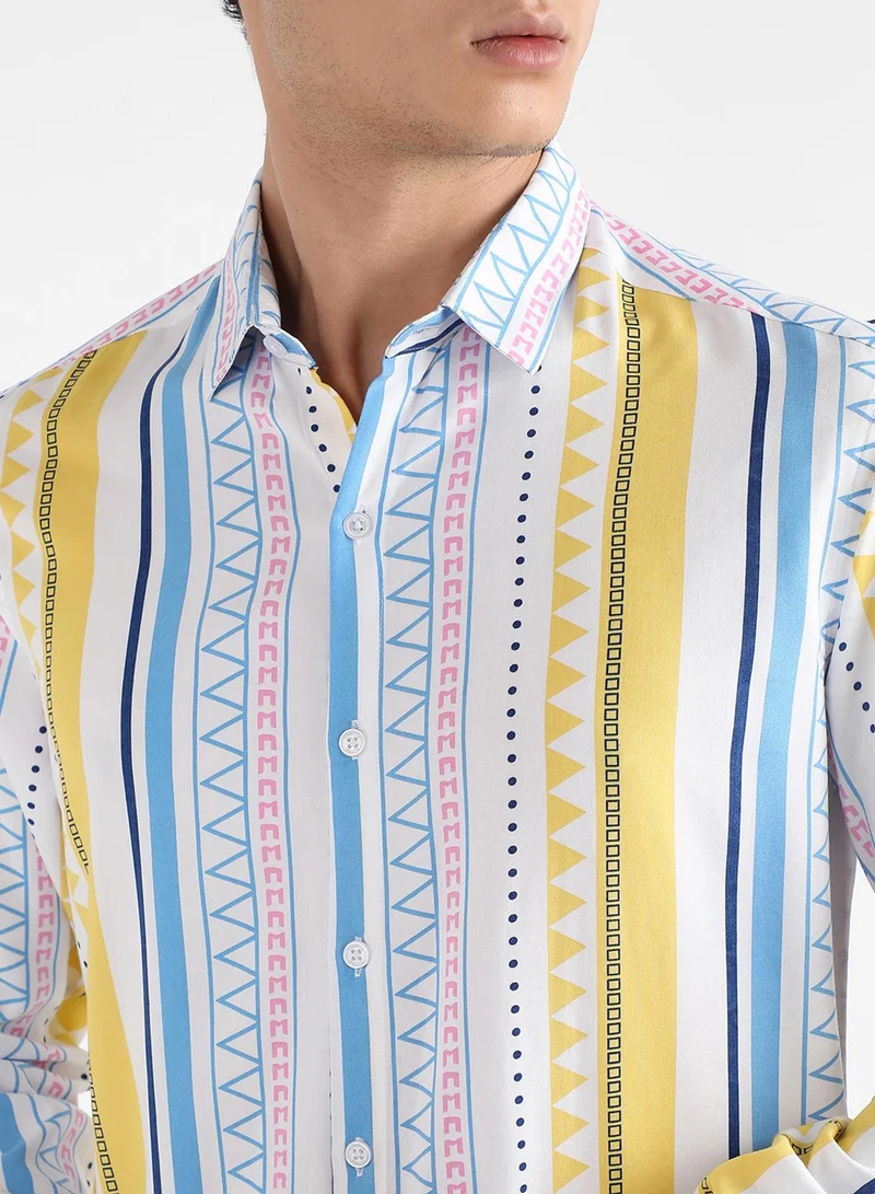Campus Sutra Campus Sutra Men's Multicolour Geometrical Print Shirt For Casual Wear | Spread Collar | Long Sleeve | Button Closure | Heavy Rayon Shirts Crafted With Comfort Fit For Everyday Wear