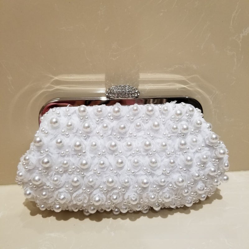 Caiweili Pearl Lace Floral Ladies Clutch Elegant Banquet Bag White (long and short chain)