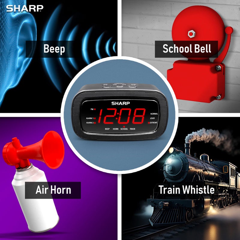 Sharp Shockwave Alarm Clock for Heavy Sleepers â€“ 105dB Ultra-Loud Wake-Up, Air Horn, School Bell, Train Whistle, Beep, Dual Alarms, 3 Adjustable Volumes, LED Display Dimmer - Image 3