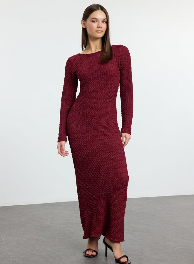 trendyol Burgundy Plain Textured Fitted/Fits Body Maxi Knit Dress TWOAW25EL00097 - Image 2