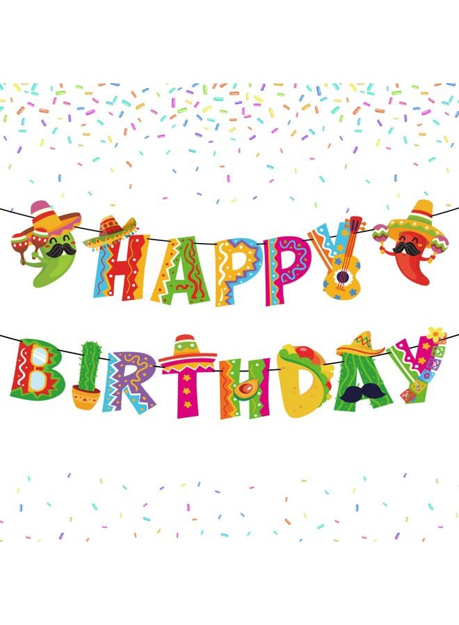 Whaline 2Pcs Mexican Happy Birthday Banner Colorful Mexican Fiesta Birthday Bunting Garland Cinco De Mayo Taco Paper Banner Pre-Assembled for Mexican Carnival Birthday Hanging Decor Party Supplies - Image 1