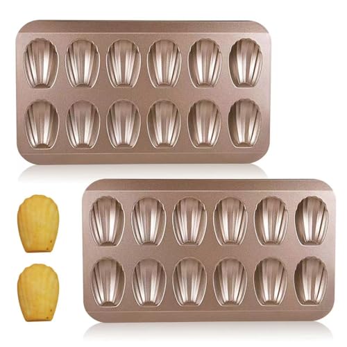 CGGYYZ 2 Pack Madeleine Pans for Baking, 12 Cavity Heavy Duty Shell Shape Baking Mold Nonstick Cookie Cake Pan for Oven（Gold） - Image 1