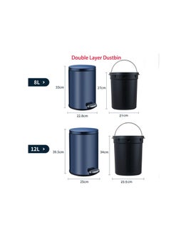 Generic Stainless Steel Double Layer Dustbin with Pedal and Lid For Bathroom Kitchen,Silent Lidded Trash Bin,Fingerprint-Proof Modern Garbage Can,Round Bucket with Handle for Home Office (Black, 8L)  - Image 3