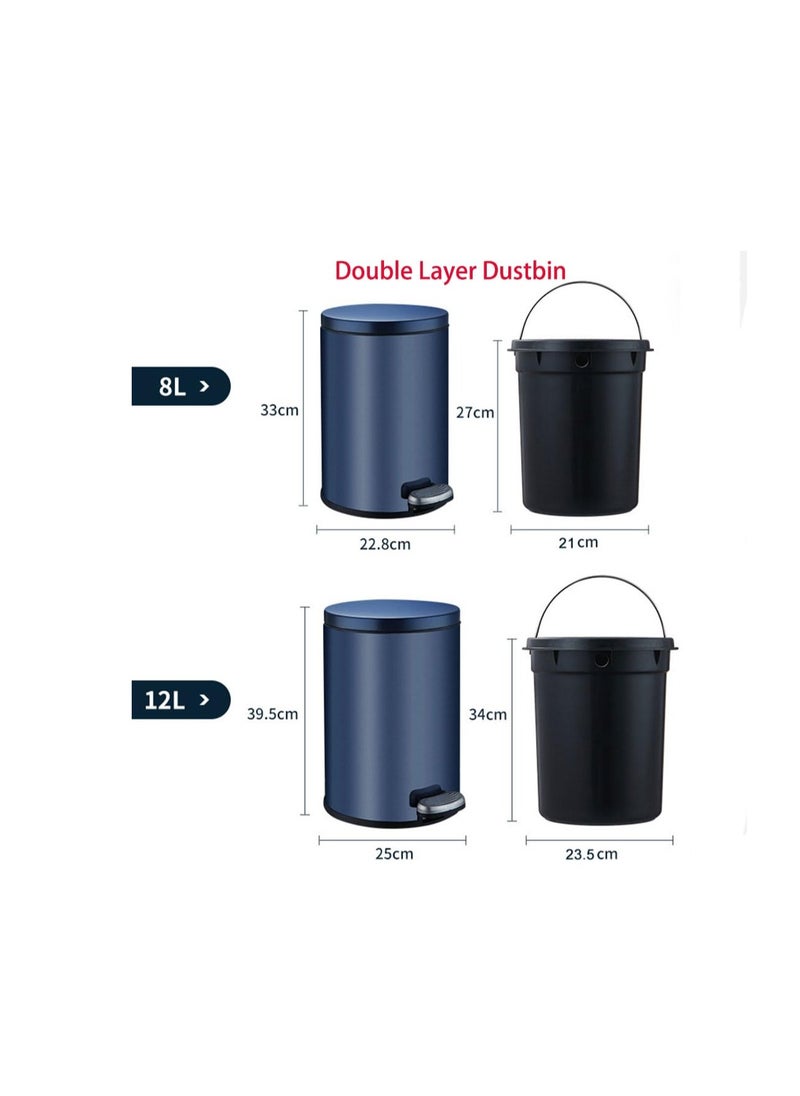 Generic - Stainless Steel Double Layer Dustbin with Pedal and Lid For Bathroom Kitchen,Silent Lidded Trash Bin,Fingerprint-Proof Modern Garbage Can,Round Bucket with Handle for Home Office (Black, 8L) - Image 1