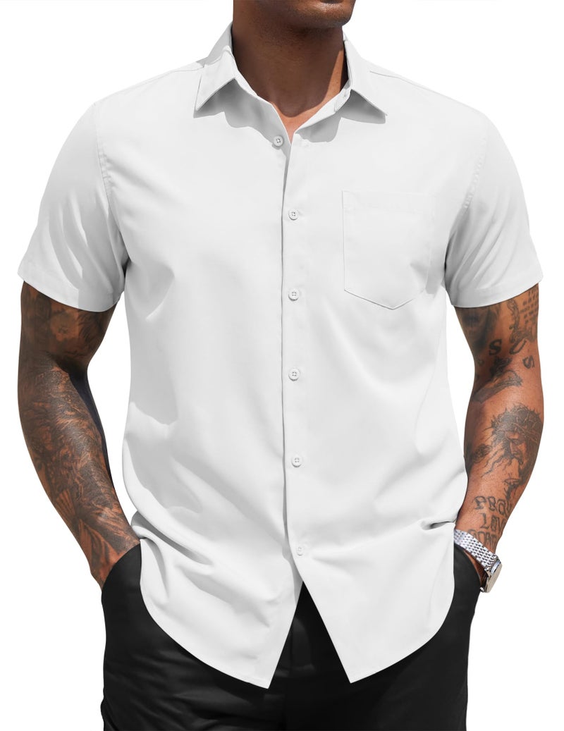 COOFANDY Mens Casual Dress Shirt Short Sleeve Business Attire Regular Fit Polyester Wrinkle Free Button Down Shirts with Pocket White Large - Image 1