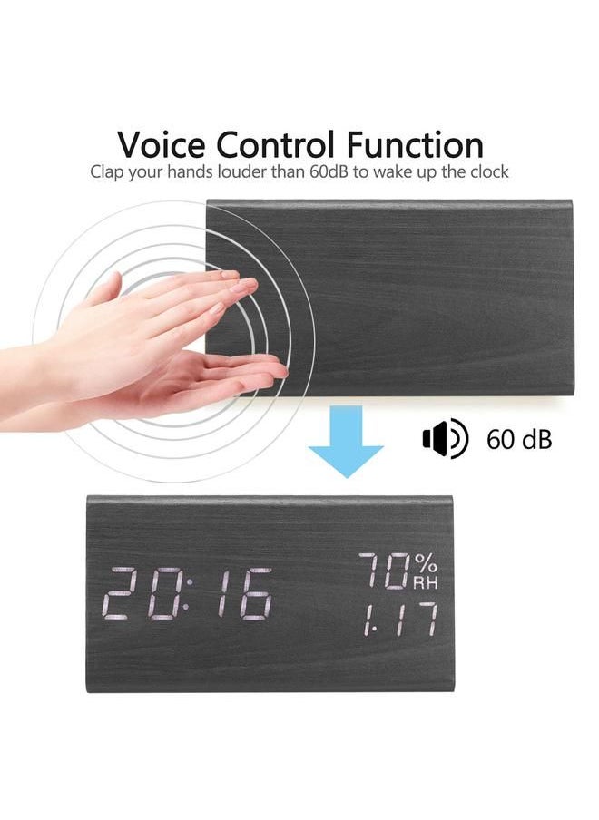 Wooden Alarm Clock, Wood LED Digital Desk Clock With Time Temperature Adjustable Brightness