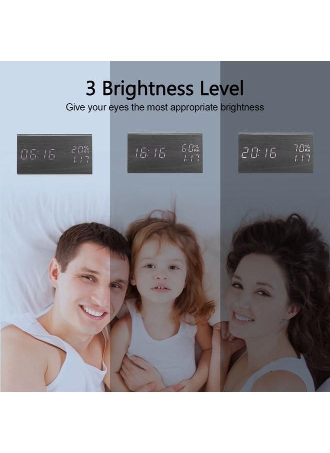 Wooden Alarm Clock, Wood LED Digital Desk Clock With Time Temperature Adjustable Brightness