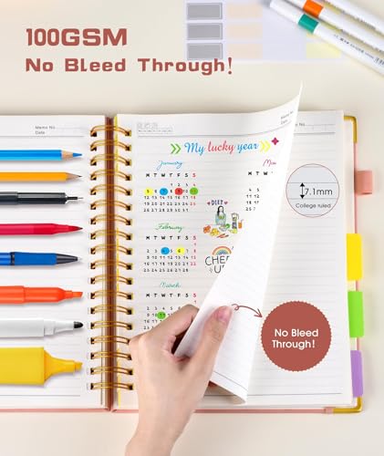 dilitego Hardcover Spiral Notebook journal with Removable Dividers Tabs, 300 Pages Leather 5 Subject Notebook College Ruled, 100GMS A5 Notebooks for Work School Note taking,Lined Journal for Women,A5-Pink - Image 5