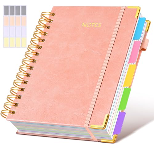 dilitego Hardcover Spiral Notebook journal with Removable Dividers Tabs, 300 Pages Leather 5 Subject Notebook College Ruled, 100GMS A5 Notebooks for Work School Note taking,Lined Journal for Women,A5-Pink - Image 1