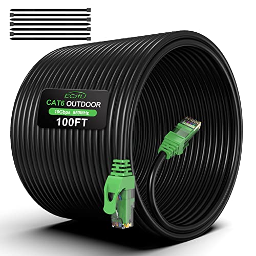 ecjtu 100FT Cat6 Outdoor Ethernet Cable, In-Ground, Heavy Duty Direct Burial, 24AWG CCA Patch Cord for Laptops, PCs, Routers, Printers, Surveillance Camera, PoE, UTP Cat 6 Internet Cable with 25 Cable Ties - Image 1