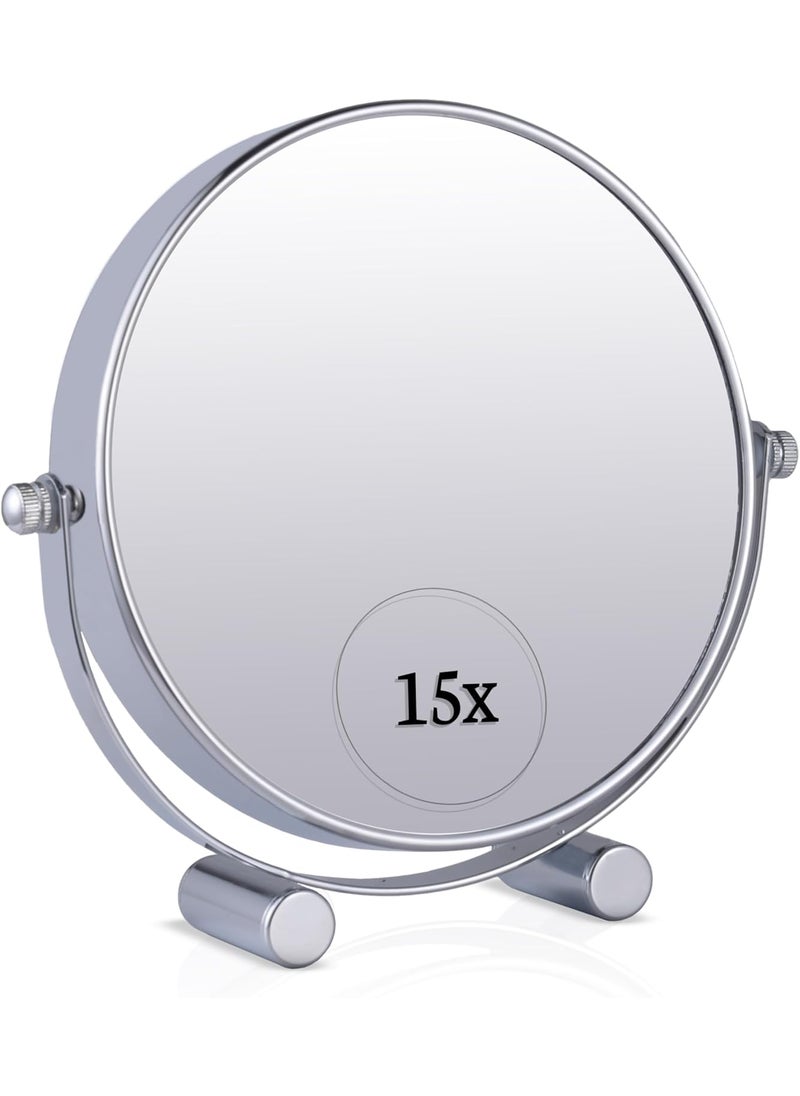 Mirrorvana MIRRORVANA Small 15X Magnifying Tabletop Mirror for Makeup - Double Sided 15x and 1x Portable Make Up Mirror for Desk, Dressing Table and Retail Store - 6" Wide & 6.7" Tall (Chrome) 