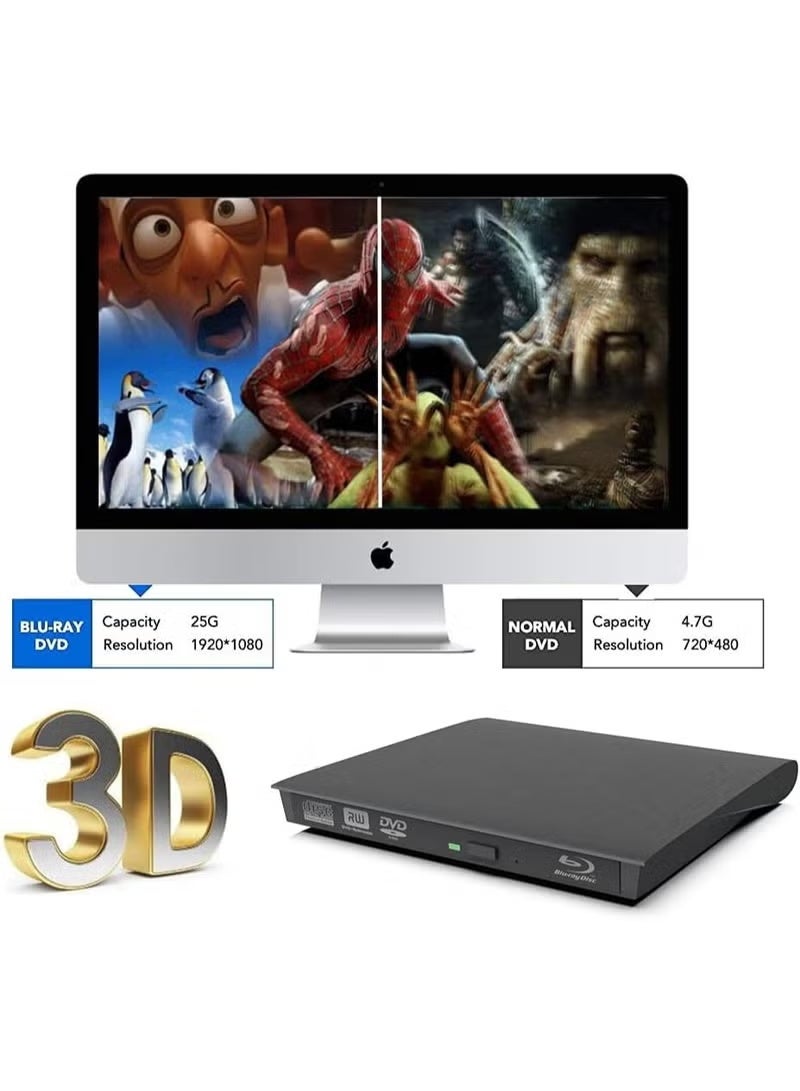 مشغل أقراص بلو راي وDVD خارجي محمول بمنفذي USB 3.0 وUSB Type-C، قارئ بلو راي بسرعة 6X، يدعم أقراص BD وCD وDVD لأجهزة اللاب توب والكمبيوتر المتوافقة - Image 3