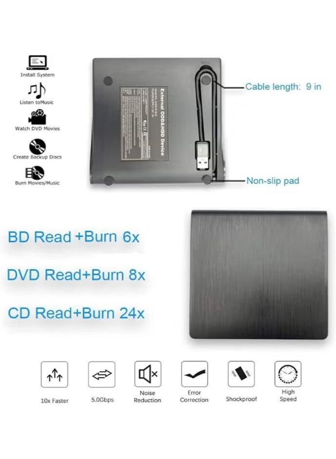 مشغل أقراص بلو راي وDVD خارجي محمول بمنفذي USB 3.0 وUSB Type-C، قارئ بلو راي بسرعة 6X، يدعم أقراص BD وCD وDVD لأجهزة اللاب توب والكمبيوتر المتوافقة - Image 2