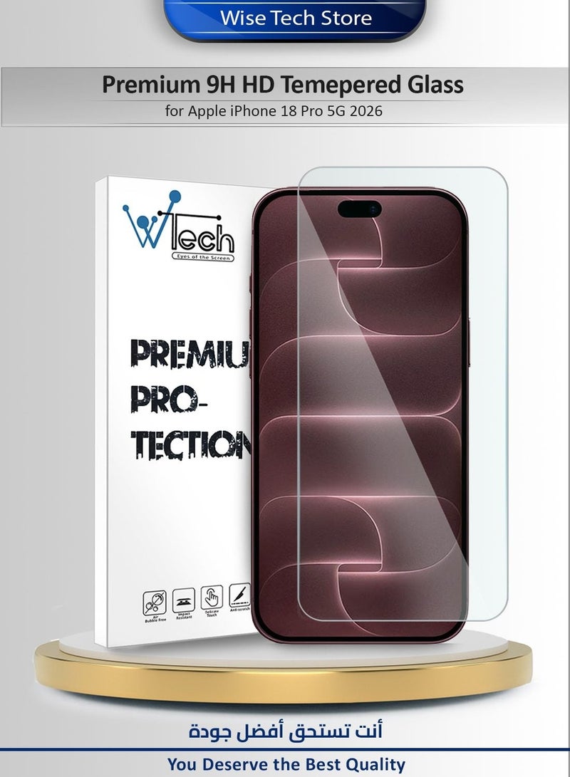 دبليو تيك آيفون آبل 18 برو 5G 2026 من سلسلة WTech المميزة بزوايا منحنية وحماية شاشة من الزجاج المقسى 9H 2.5D (MSG9CN) - شفاف - Image 1