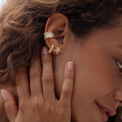 MYEARS Women Ear Cuff Earrings Gold Non Pierced Cartilage Clip on Open Wrap Trough Band Hoop Cubic Zirconia 14K Gold Plated Simple Hypoallergenic Everyday Jewelry - Image 2