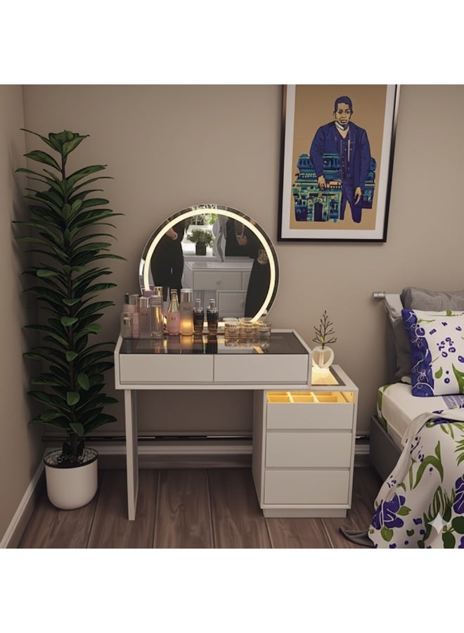 Harmony Home LED Vanity Table Set with Mirror & Chair – White Glass-Top Makeup Desk with Storage Drawers & Touch Sensor Lighting - Image 1