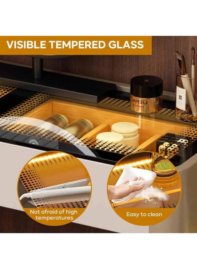 Harmony Home LED Vanity Table Set with Mirror & Chair – White Glass-Top Makeup Desk with Storage Drawers & Touch Sensor Lighting - Image 4