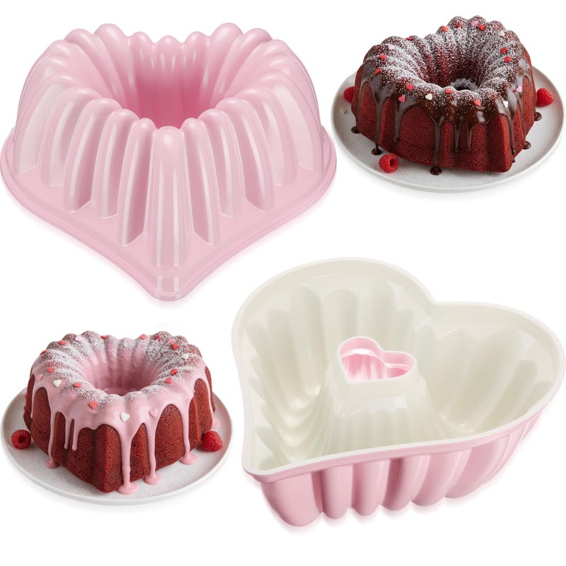 Layhit 1 Pcs 10 Inches Heart Shaped Fluted Cake Pan Aluminum Heart Cake pan Non Stick Oven Baking Mold for Birthday Wedding Family Party Kitchen Accessories (Pink) - Image 1