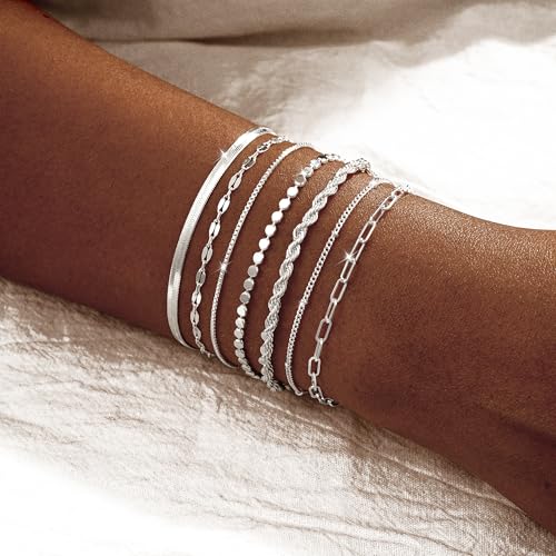 Kyerlyn Silver Bracelets for Women Trendy Waterproof Silver Dainty Bracelet Stack Adjustable Layered Bracelet Set Minimalist Fashion Jewelry - Image 3