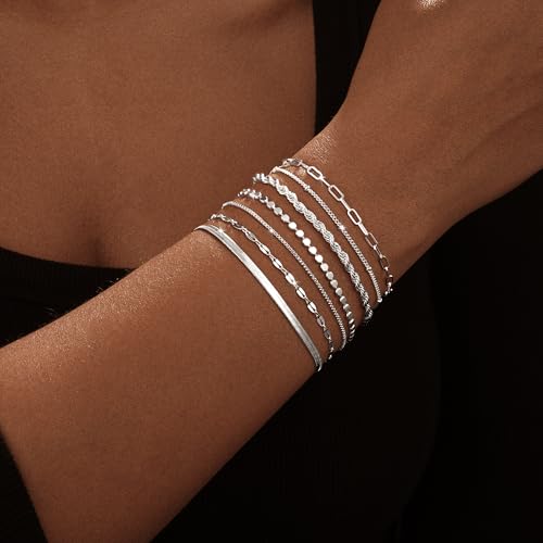 Kyerlyn Silver Bracelets for Women Trendy Waterproof Silver Dainty Bracelet Stack Adjustable Layered Bracelet Set Minimalist Fashion Jewelry - Image 4