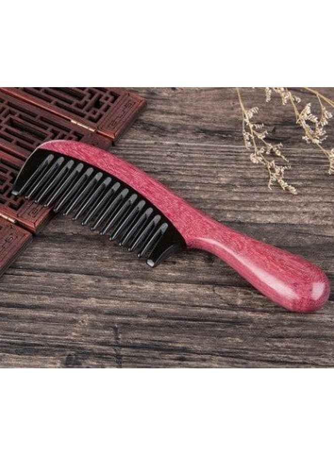 Myhsmooth مشط يhsmooth زبيبيمت واسع الأسنان مصنوع يدويًا بدون شحن كهربائي من قرن الجاموس الأسود مع مقبض خشب البنفسج (مدور) - Image 5