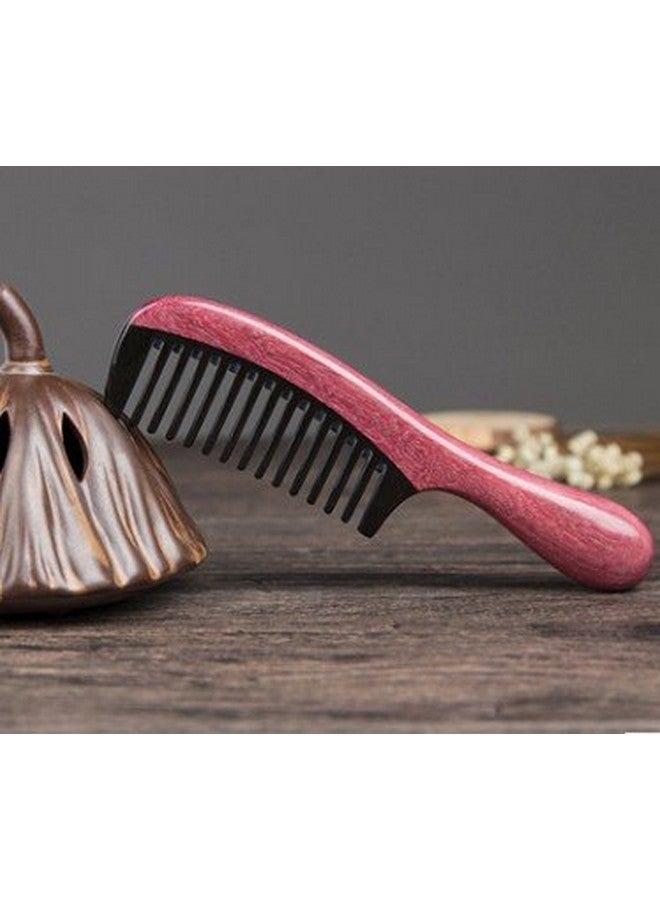 Myhsmooth مشط يhsmooth زبيبيمت واسع الأسنان مصنوع يدويًا بدون شحن كهربائي من قرن الجاموس الأسود مع مقبض خشب البنفسج (مدور) - Image 3