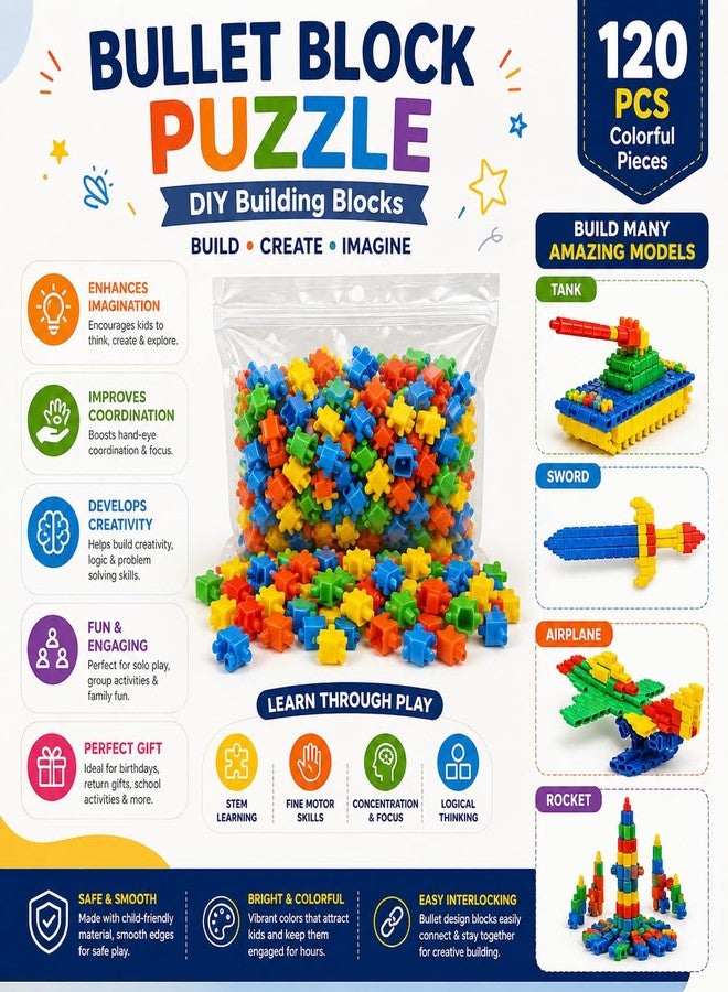 CUBIX3D Bullet Block Puzzle 120 Pieces Building Construction Toy for Kids | Creative DIY Assembly Blocks Set | Educational Brain Development Toy for Boys & Girls | Multicolor Stack & Build Game - Image 3