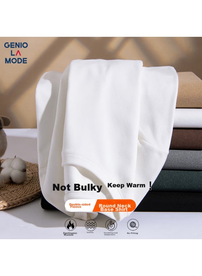 Geniolamode Men's Long Sleeve T-shirt Round Neck Inner Wear Warm Double-sided Plush Inner Wear Base Shirt White 2XL - Image 1