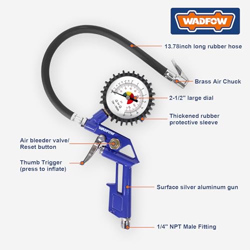 WADFOW Auto Tire Inflator/Deflator Air Pressure Gauge: Rubber Hose, 2-1/2" Dial Gauge with Straight Brass Lock-on Chuck, Compatible with Air Pump Compressor for RV, Car, Motorcycle and Bike - Image 3