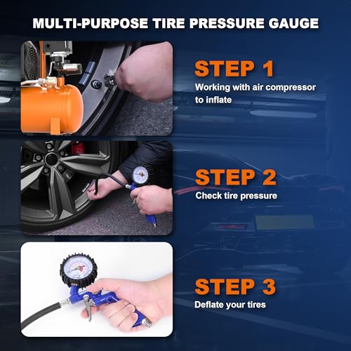 WADFOW Auto Tire Inflator/Deflator Air Pressure Gauge: Rubber Hose, 2-1/2" Dial Gauge with Straight Brass Lock-on Chuck, Compatible with Air Pump Compressor for RV, Car, Motorcycle and Bike - Image 4