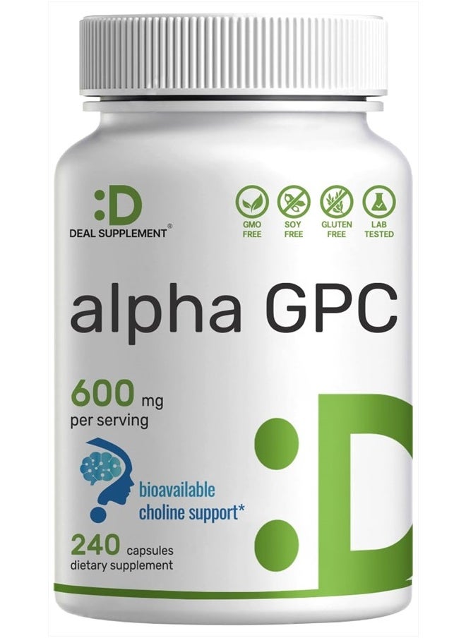 DEAL SUPPLEMENT Alpha GPC 600mg Per Serving, 240 Capsules – Bioavailable Choline Replenishment –Nootropic Brain Health Supplements for Memory and Focus – Non-GMO, Gluten Free  - Image 1