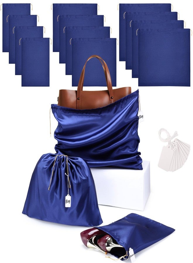 Ewen 12 Pack Dustbags with Drawstring in Small Medium Large, Dustproof Satin Storage Pouch with Blank Tags for Travel Essentials Packing, Dark Blue Silk Bag for Closet Storage Shoes Purse Organization - Image 1