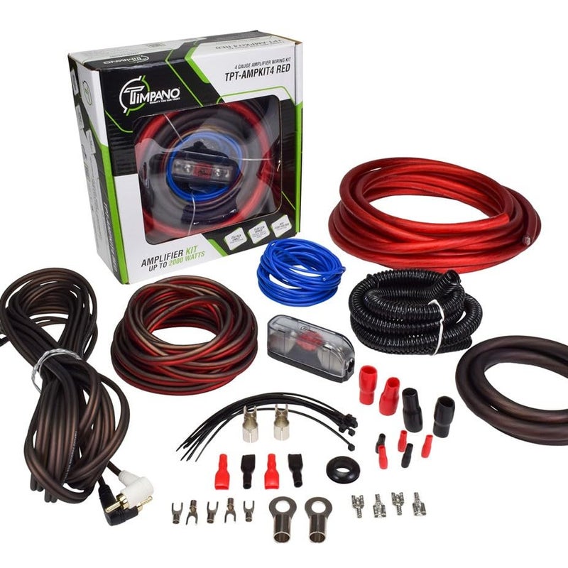 Timpano Amplifier Wiring Kit - 4 Gauge Amp Kit 2000 Watts Car Amplifier Installation CCA Cables Kit â€“ 150 Amp Fuse Single Amp TPT-AMPKIT4 RED - Image 1