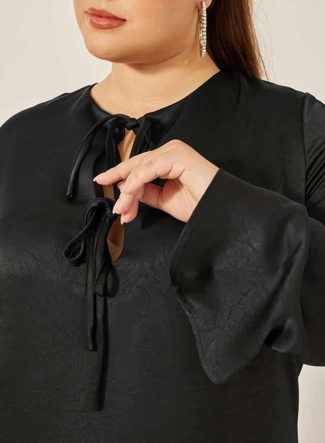 ستايلي فستان ماكسي بقصة - بياقة مربوطة بنقوش بارزة للمقاسات الكبيرة - Image 4