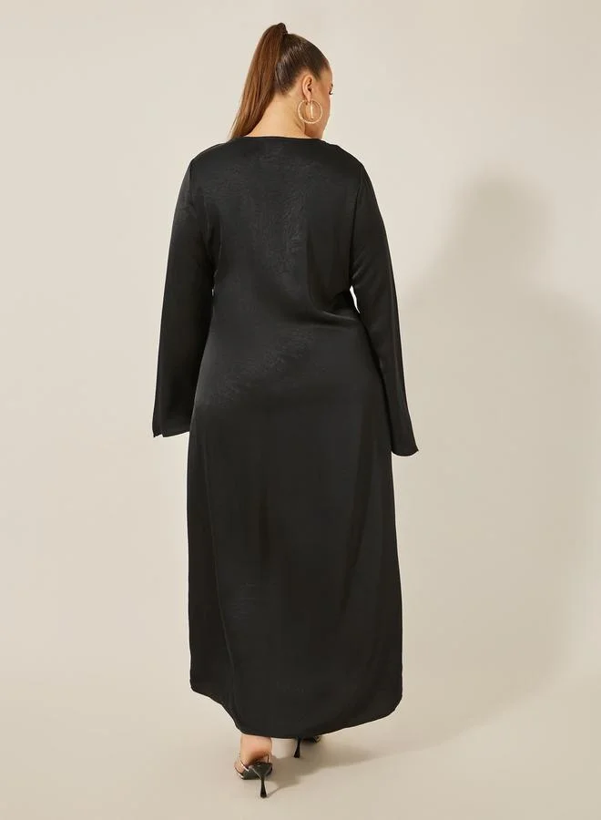Styli Plus Size Textured Tie-Up Neck A-Line Maxi Dress
