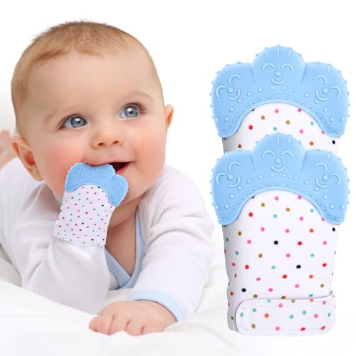Vicloon 2Pack Silicone Teething Mitt, Soothing Infant Teething Mitten Pain Relief, Prevent Scratches Glove, Safe Silicone Teething Toys for 0-12 Months Blue - Image 1