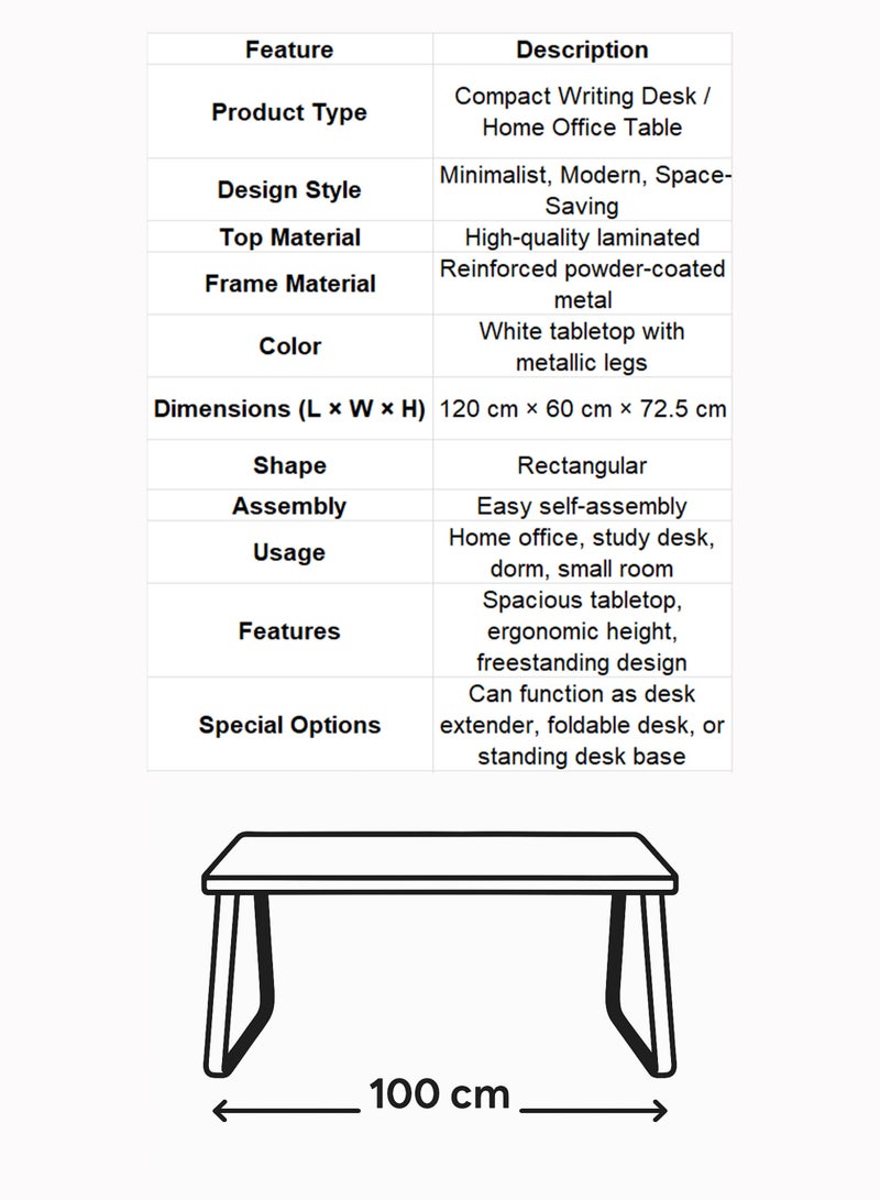 دي بلو مكتب متعدد الاستخدامات بتصميم بسيط، 120x60x72.5 سم، سطح أبيض، هيكل معدني متين، مكتب كتابة ودراسة موفر للمساحة للمنازل والمكاتب - Image 2