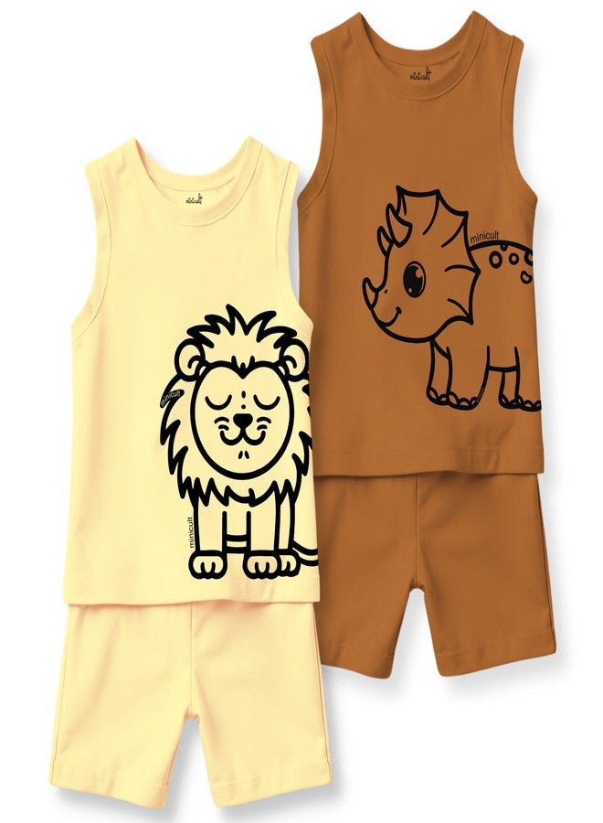 minicult Kids Matching Cotton Vest and Shorts coords with cute animal Prints(Dino Combo 2) Pack of 2(2-3 Years) - Image 1
