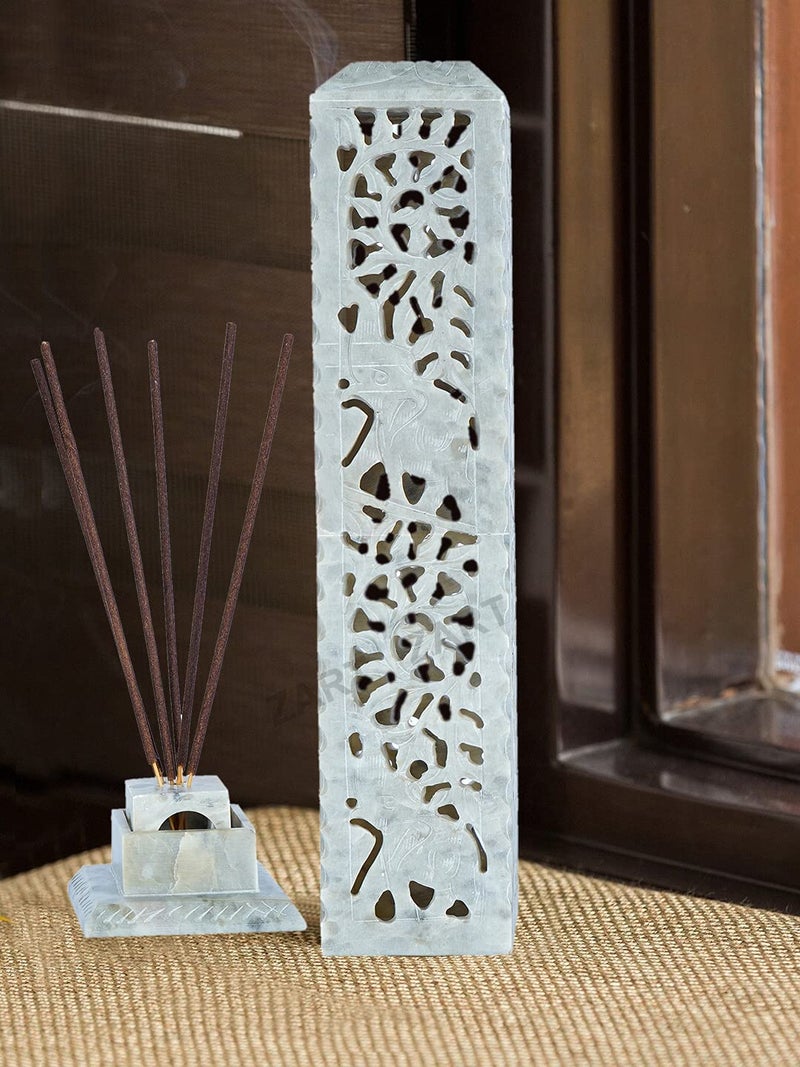 zart Marble Soapstone Jali Incense Stick Holder Agarbatti Stand Tea Light Burner Candle Holder Beautiful Elephant Carving for Pooja and Home Decor Item Showpiece Item