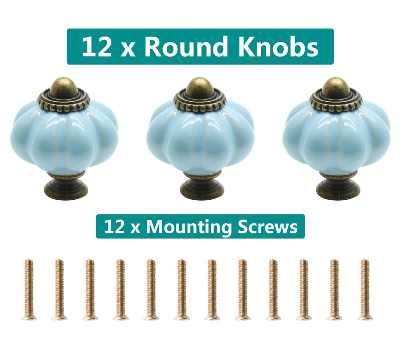 Seimneire 12pcs Baby Blue Pumpkin Knobs, Vintage Ceramic Cabinet Pulls, Dresser Handles With Mounting Screws for Drawers and Doors - Image 2