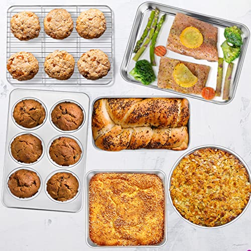 P&P CHEF مجموعة صواني فرن التوست الصغيرة من P&P CHEF المكونة من 6 قطع، مجموعة أدوات الخبز المصنوعة من الفولاذ المقاوم للصدأ، صينية فرن التوست مع رف، صينية كعكة مربعة/دائرية، صينية خبز وصينية مافن، غير سامة وسهلة التنظيف - Image 5