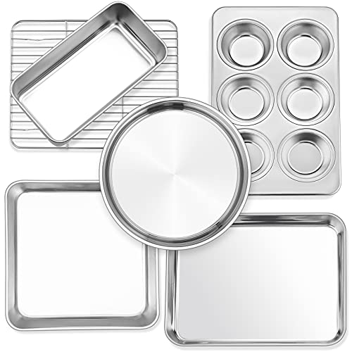 P&P CHEF مجموعة صواني فرن التوست الصغيرة من P&P CHEF المكونة من 6 قطع، مجموعة أدوات الخبز المصنوعة من الفولاذ المقاوم للصدأ، صينية فرن التوست مع رف، صينية كعكة مربعة/دائرية، صينية خبز وصينية مافن، غير سامة وسهلة التنظيف - Image 1