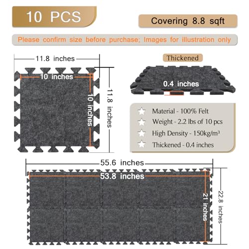 BXI Soundproof Interlocking Rug Pad 10 Pcs, 11x 11 x 0.4 inches Non Slip Rug Pads, High Density Noise Reduction Puzzle Felt Carpet Padding, Rug Mat Protects and Adds Cushion for Hardwood Floors - Image 2