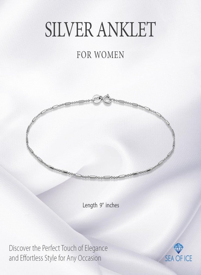 SEA OF ICE Sterling Silver Diamond-Cut Bar Station Rolo Chain Anklet - 1mm Anklet Size 9", 10" and 11" - Nickel-Free Jewelry (Sterling Silver, 9") - Image 2