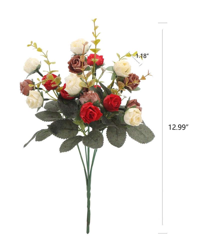 Duovlo 7 Branch 21 Heads Artificial Flowers Bouquet Mini Rose Wedding Home Office Decor Pack of 4 (Red) - Image 2