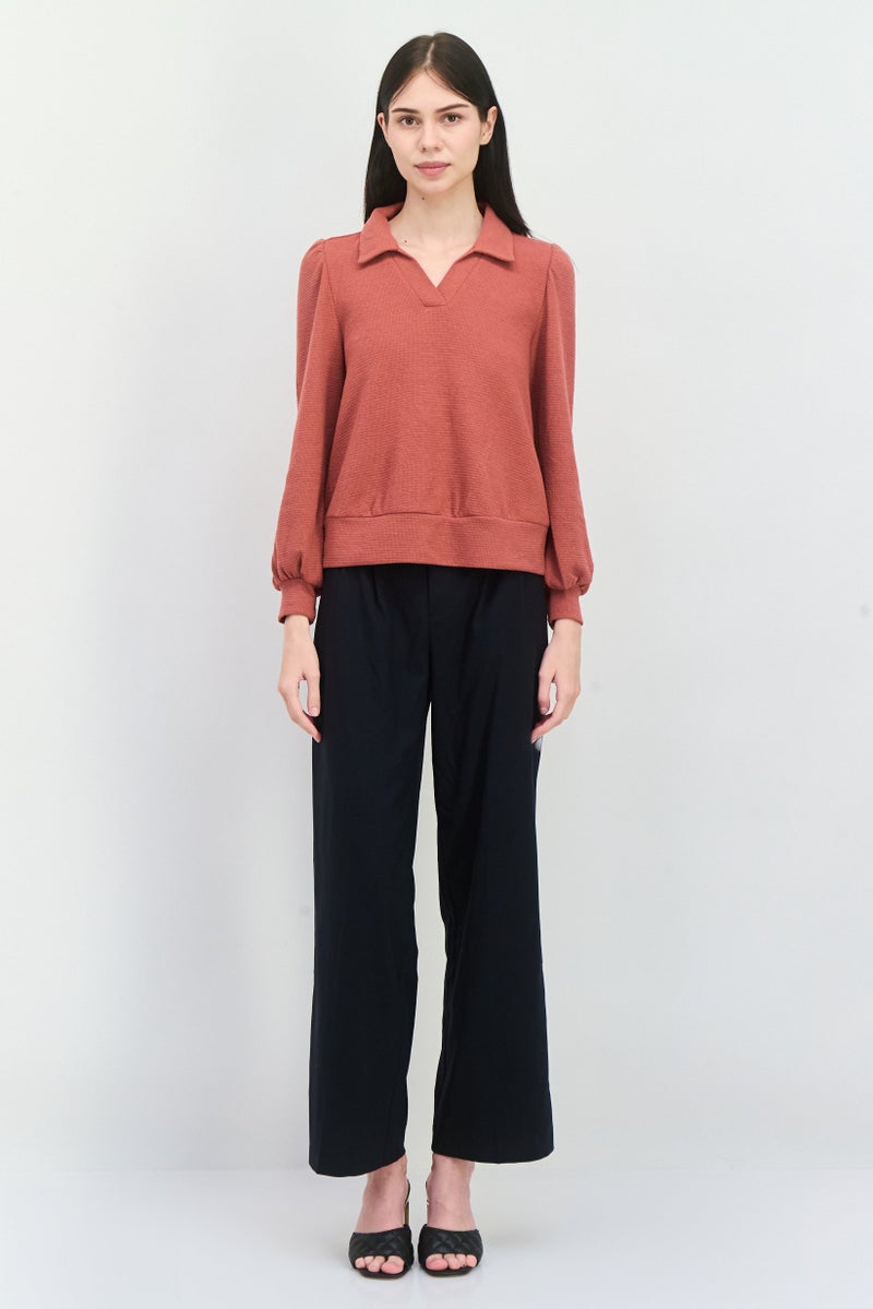 89th + Madison Women Spread Collar Textured Sweater, Rust  - Image 4