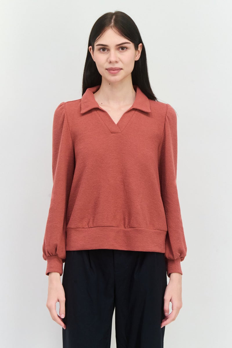 89th + Madison Women Spread Collar Textured Sweater, Rust  - Image 1
