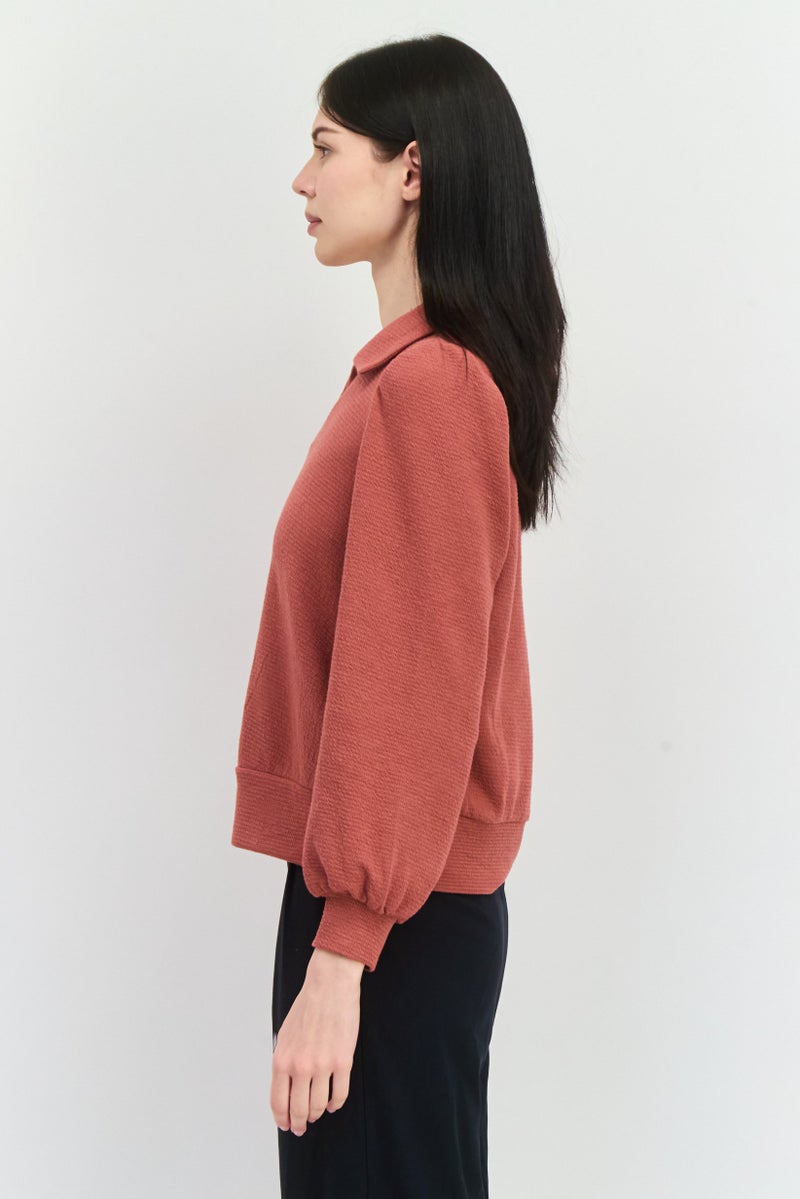 89th + Madison Women Spread Collar Textured Sweater, Rust  - Image 2