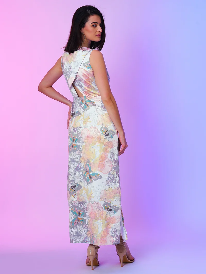globus Women Cream-Coloured Floral Printed Cut-Outs Satin Wrap Maxi Dress
